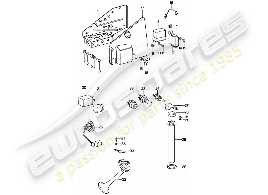 porsche 1979 (911) plate - relay - sensor - fanfare horn part diagram