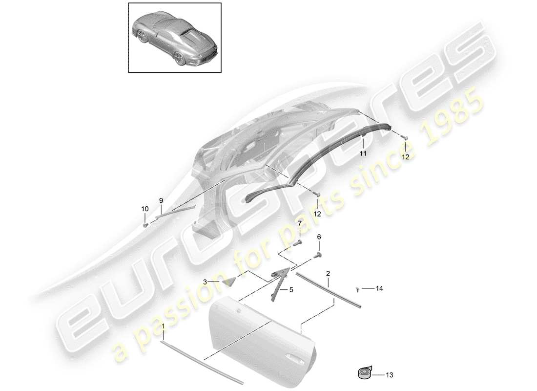 porsche 2020 (991-2 r/gt3/rs) door seal part diagram