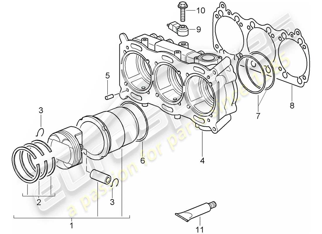porsche 2009 997-2 turbo / gt2 cylinder with pistons part diagram