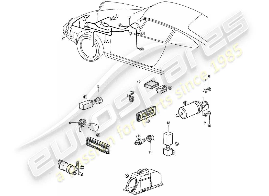 porsche 911 (1986) wiring harnesses - headlight washer system - warning lights - fuel pump parts diagram
