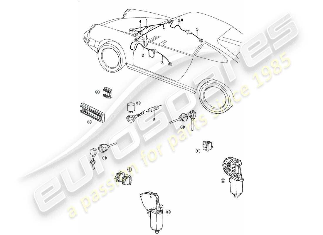 porsche 1985 (911) wiring harnesses - front luggage compartment - power window part diagram