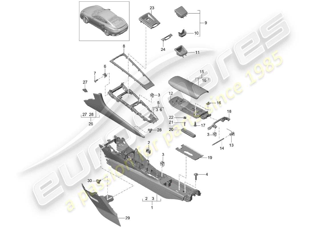 porsche 991 turbo (2014) center console part diagram