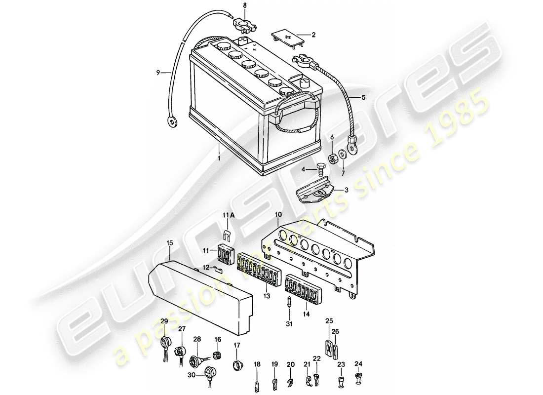 porsche 1979 (911) battery - fuse box part diagram