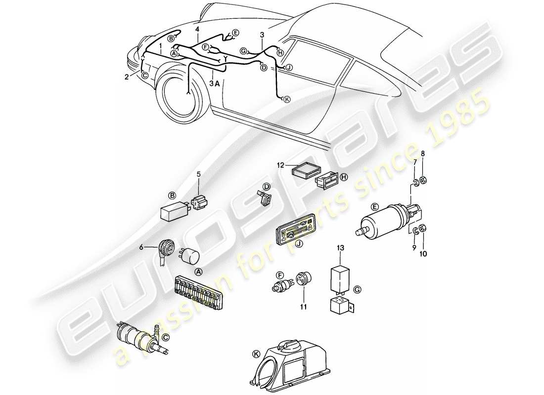 porsche 1985 (911) wiring harnesses - headlight washer system - warning lights - fuel pump part diagram