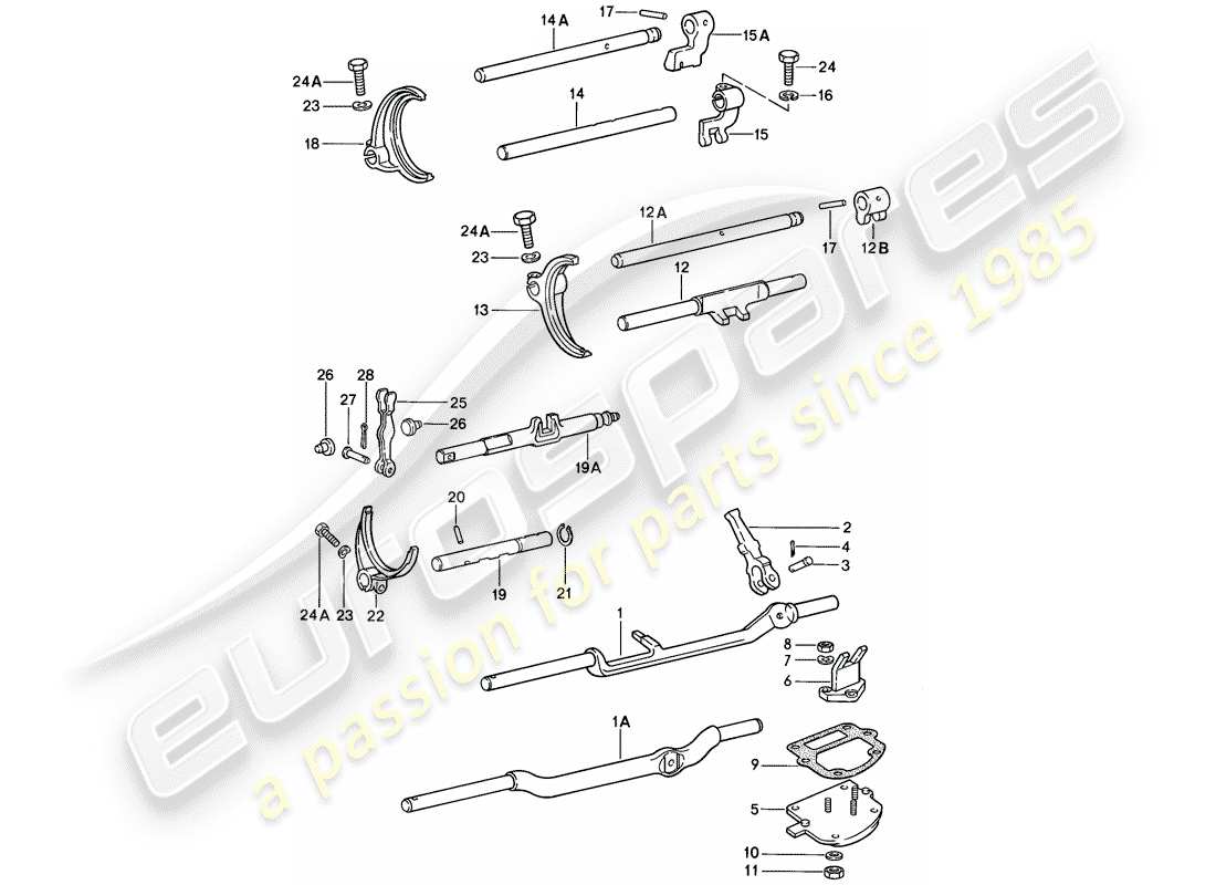 porsche 1986 (911) shift rods - shift forks - for - 4-speed - and - 5-speed part diagram