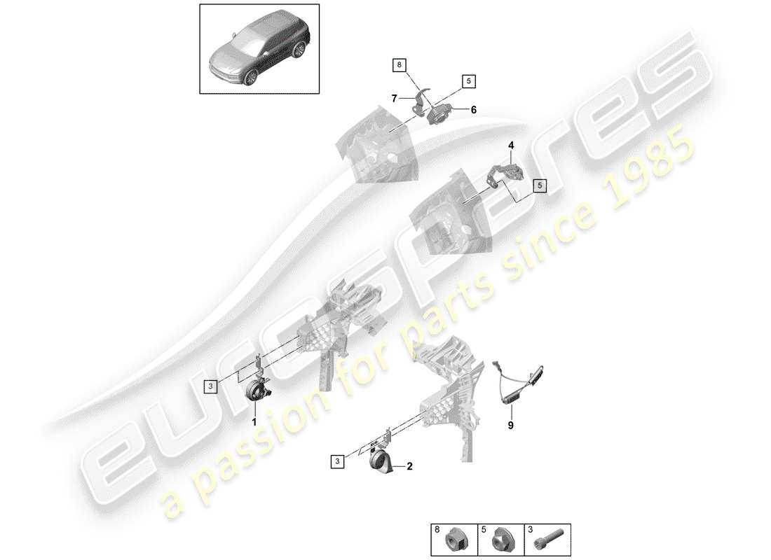 porsche 2020 (cayenne e3 9ya/9yb) fanfare horn part diagram