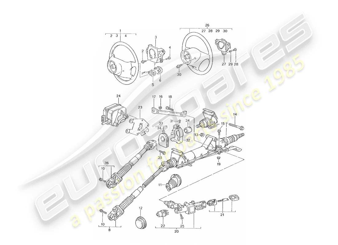 porsche 2000 (996) steering protective pipe - intermediate steering shaft - steering wheel part diagram