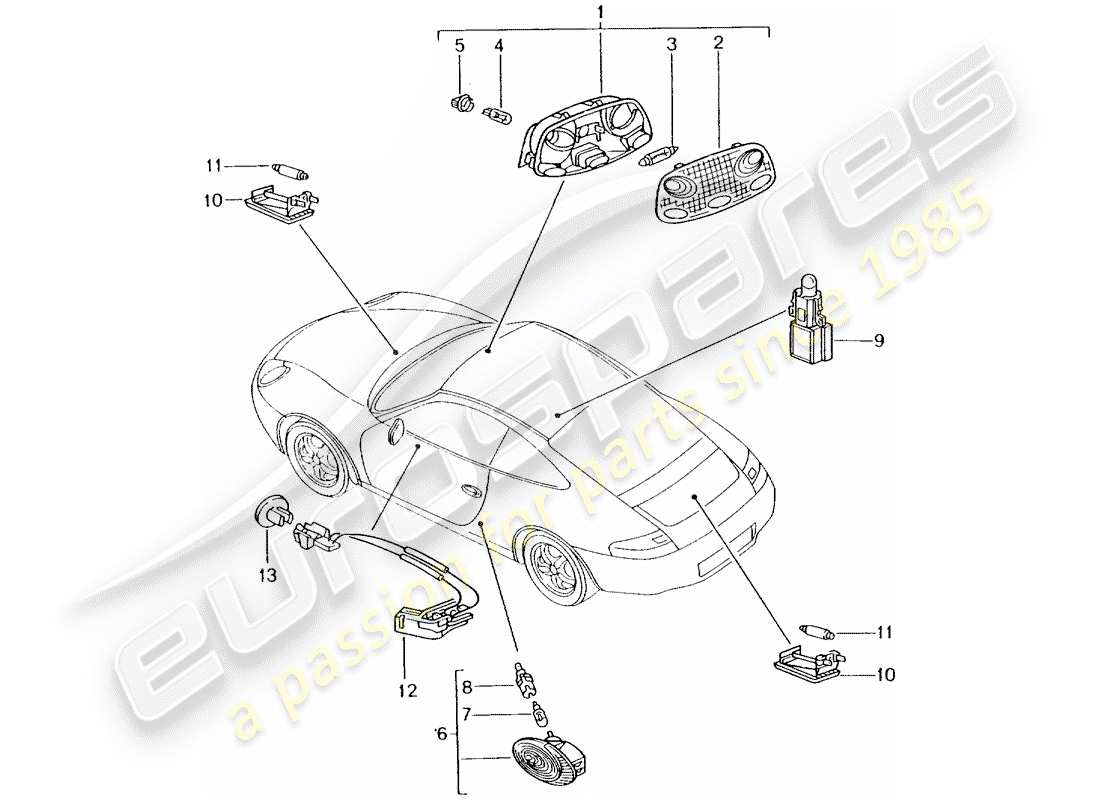 porsche 2000 (996) interior lighting - luggage compartment lamp - engine compartment light - glove box light - footwell light - interior release part diagram