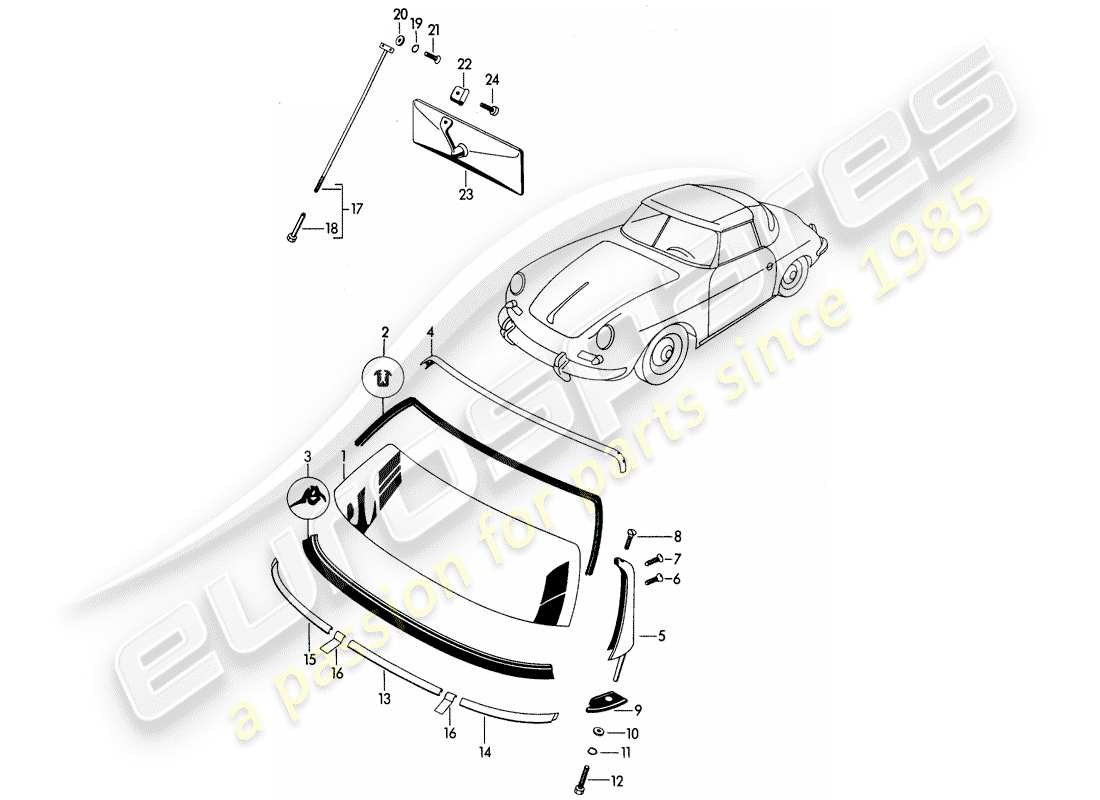 porsche 1961 (356b/356c) window glazing parts diagram