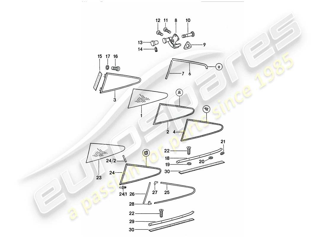 porsche 1974 (911) window glazing part diagram