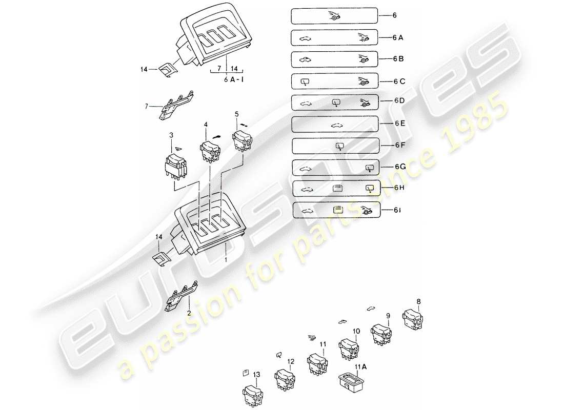 porsche 1998 (993) trim - switch - center console part diagram
