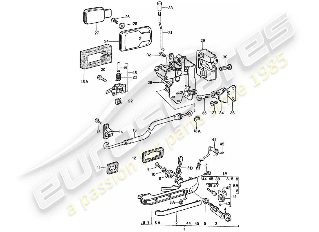 porsche 1988 (924s) door handle, outer - door latch parts diagram