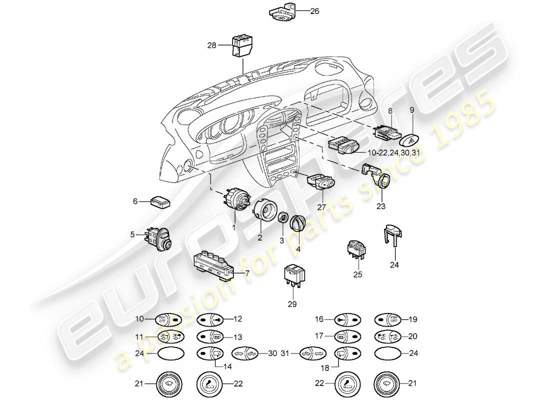 porsche 2001 (996 turbo / gt2) switch part diagram