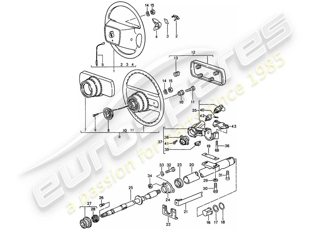 porsche 1989 (944) steering wheel - steering column - steering lock part diagram