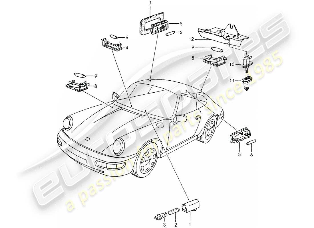 porsche 1994 (964) interior lights - luggage compartment lamp - engine compartment light part diagram