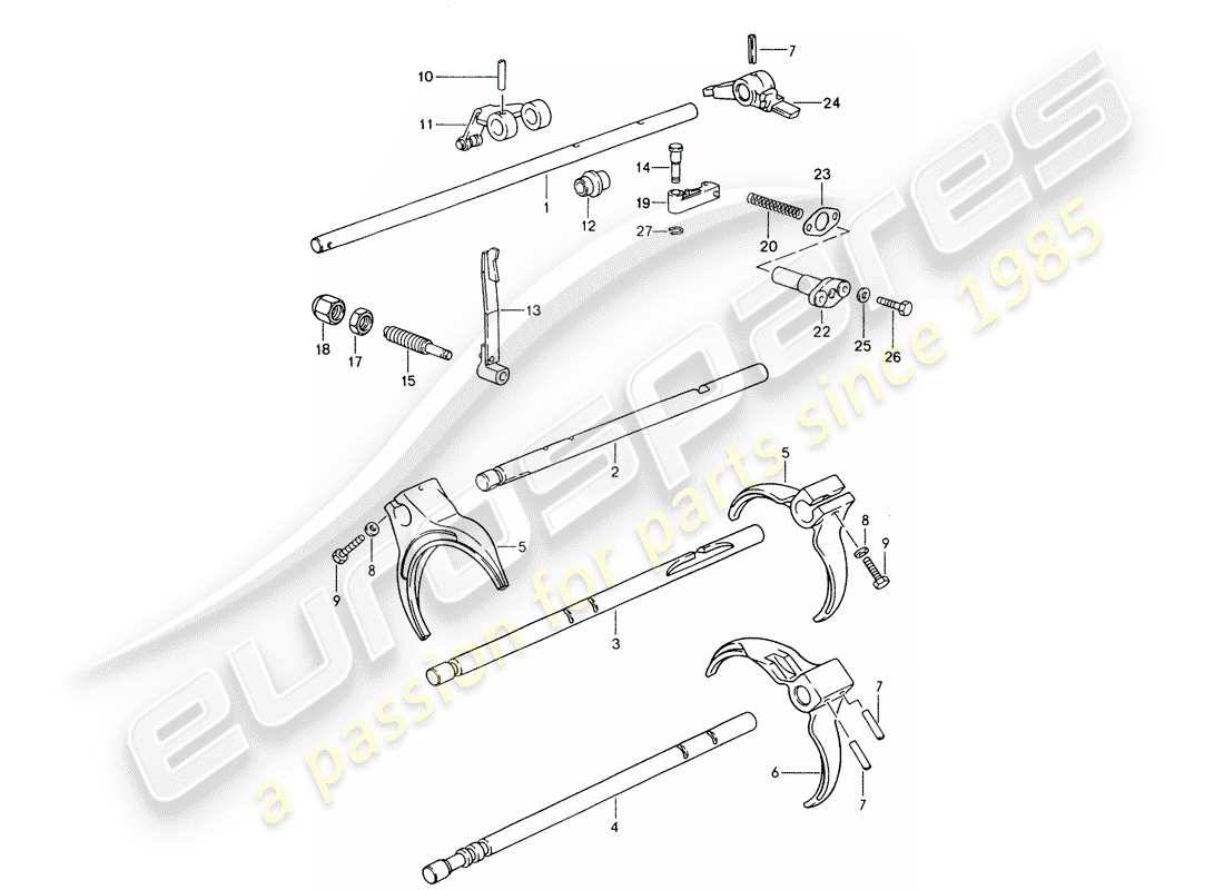 porsche 1992 (928) manual gearbox - shift rods - shift forks part diagram