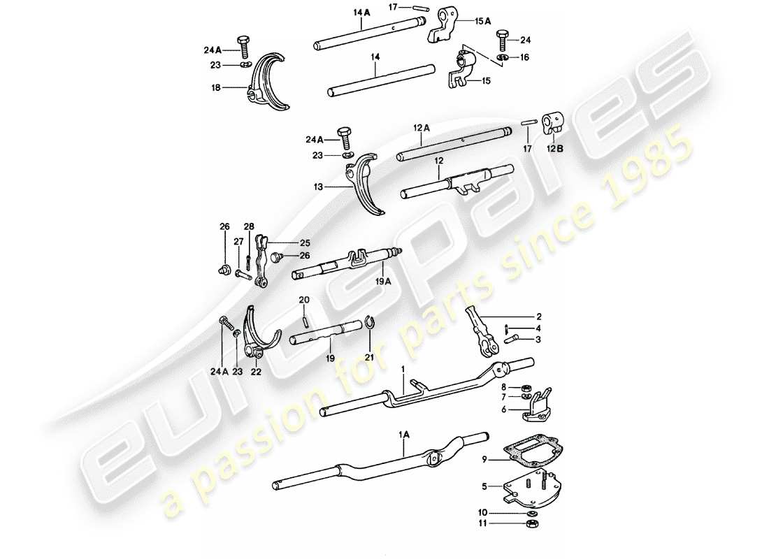 porsche 1983 (911) shift rods - shift forks - 5. - speed - transmission part diagram