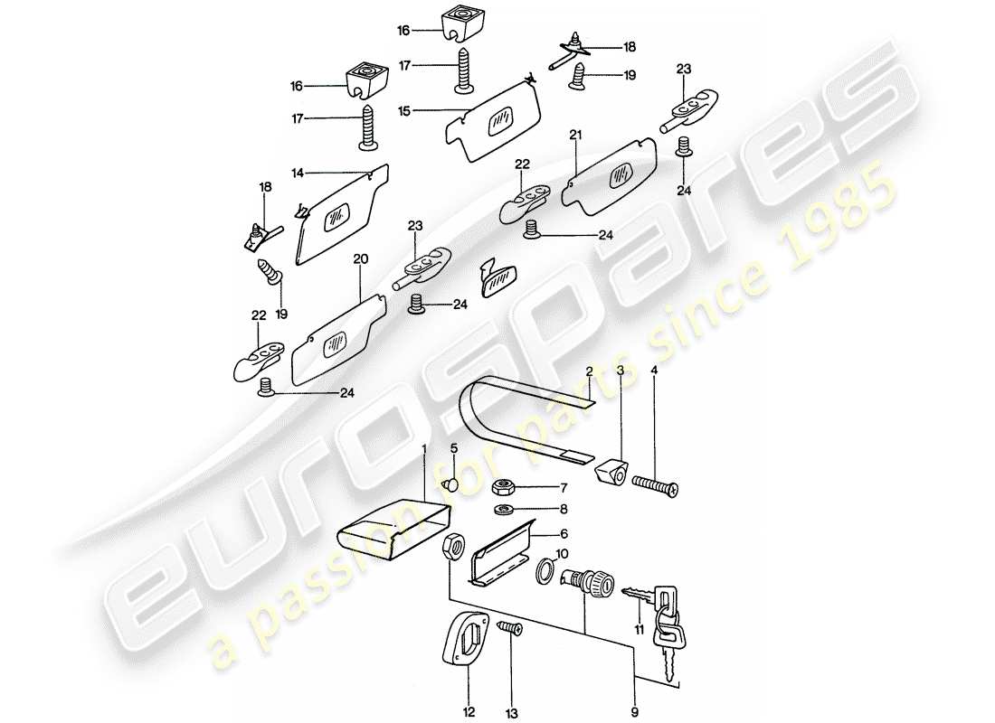 porsche 1975 (911) glove box - sun vizor part diagram