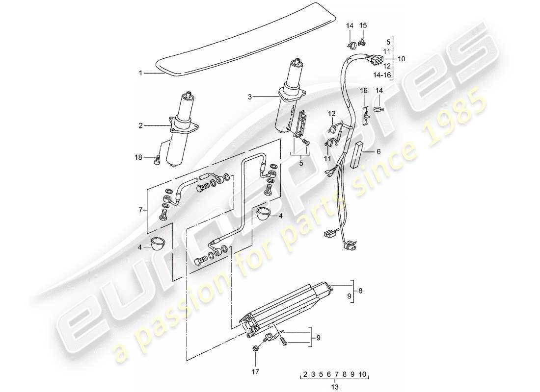porsche 2001 (996 turbo / gt2) rear spoiler part diagram