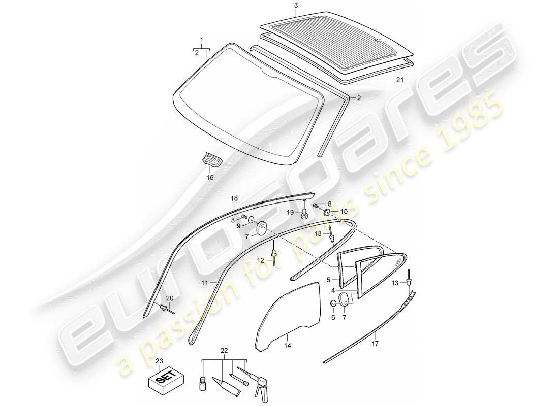 porsche 2005 (997-1) window glazing parts diagram