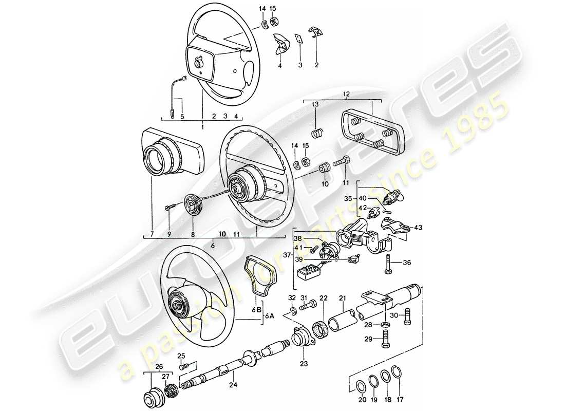 porsche 1993 (968) steering wheel - steering column - steering lock part diagram