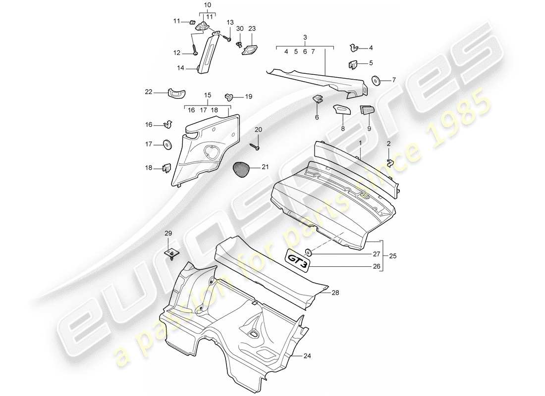 porsche 2007 (997-1 gt3) trims parts diagram