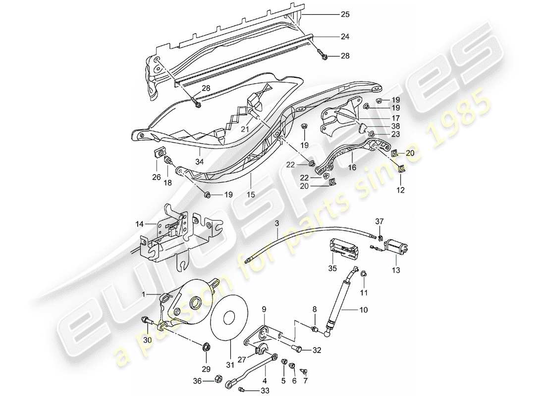 porsche 1997 (986 boxster) top frame - drive unit - top stowage box - cover part diagram
