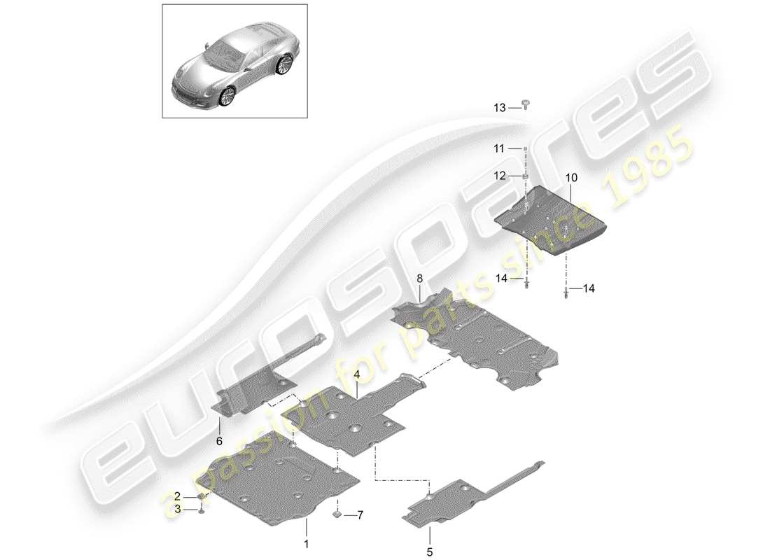 porsche 991r/gt3/rs (2014) underbody lining parts diagram