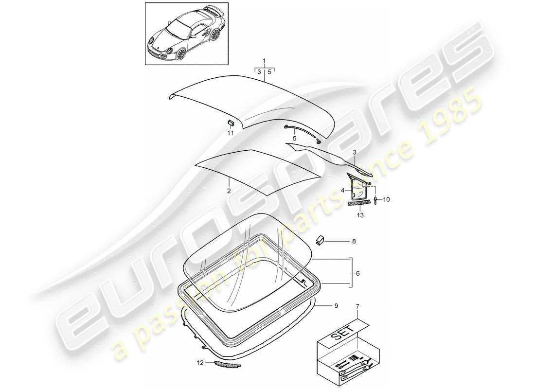 porsche 911 t/gt2rs (2011) convertible top covering part diagram