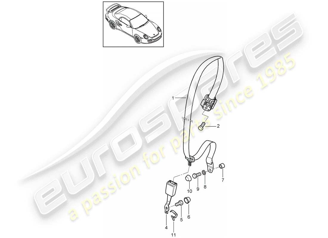 porsche 911 t/gt2rs (2011) seat belt part diagram