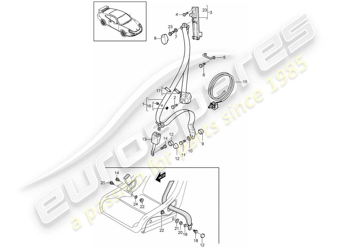 porsche 2008 (997-1 gt3) seat belt parts diagram