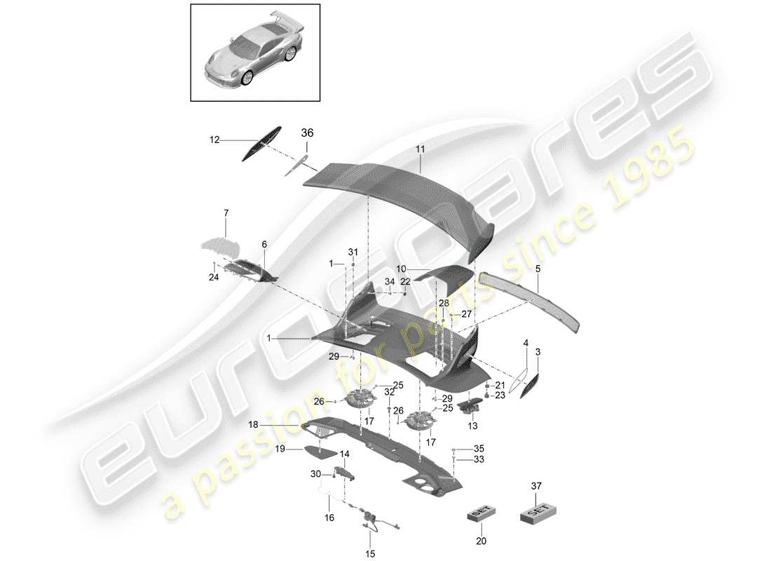 porsche 2014 (991-1 r/gt3/rs) rear trunk lid part diagram