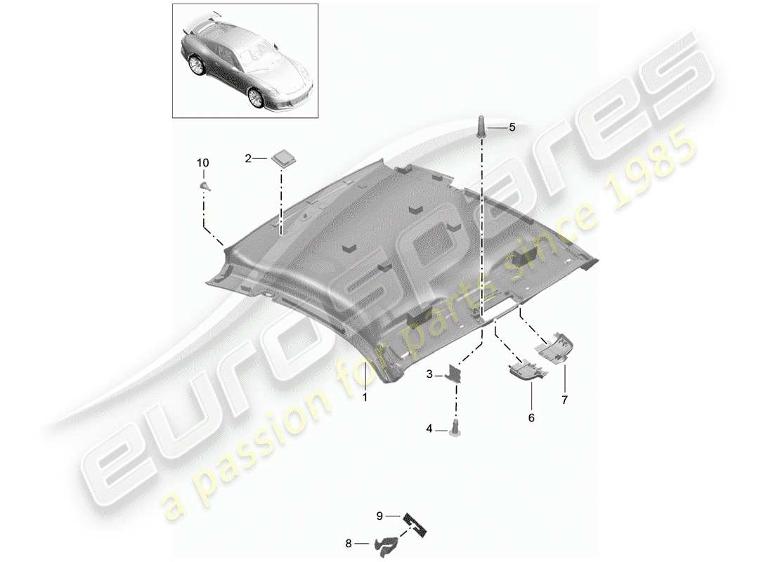 porsche 2019 (991-2 r/gt3/rs) roof trim panel part diagram
