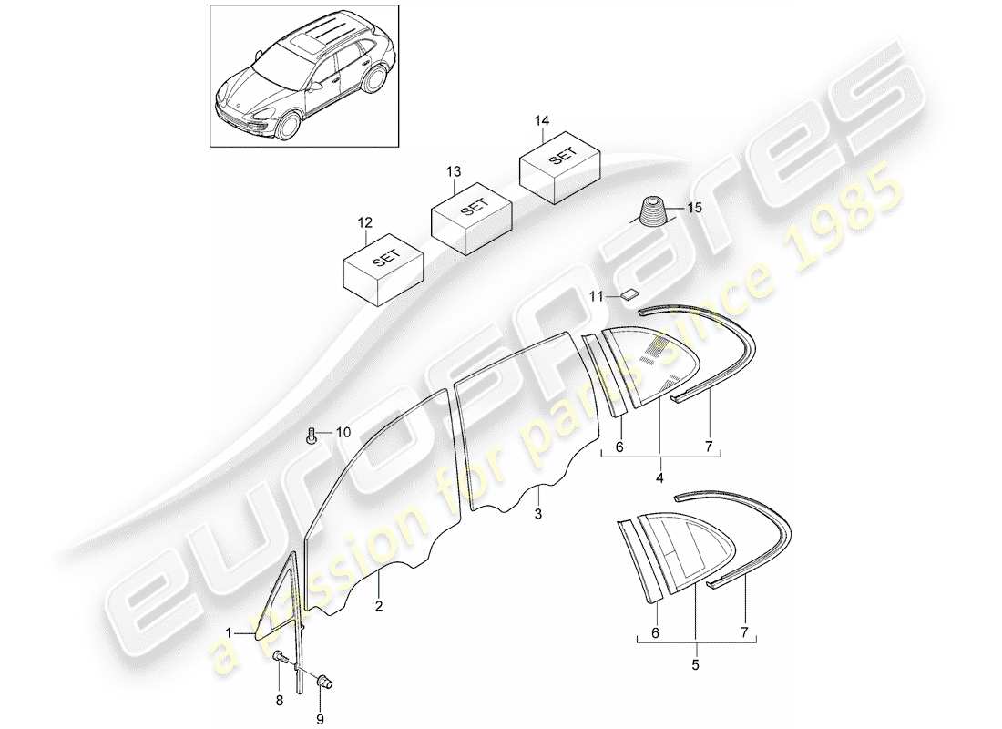 porsche 2013 (cayenne e2 92a) window glasses parts diagram