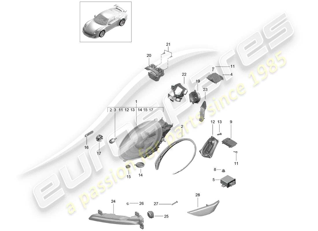 porsche 2019 (991-2 r/gt3/rs) headlamp part diagram