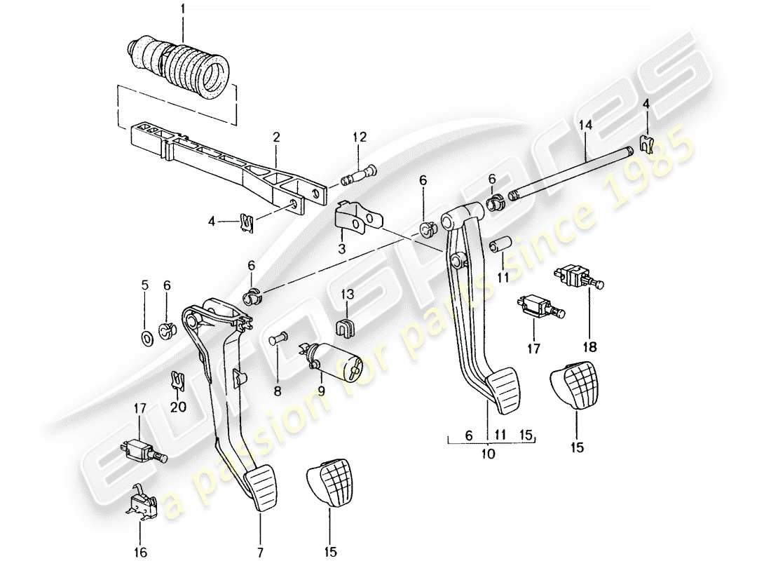 porsche 1998 (986 boxster) brake and acc. pedal assembly part diagram
