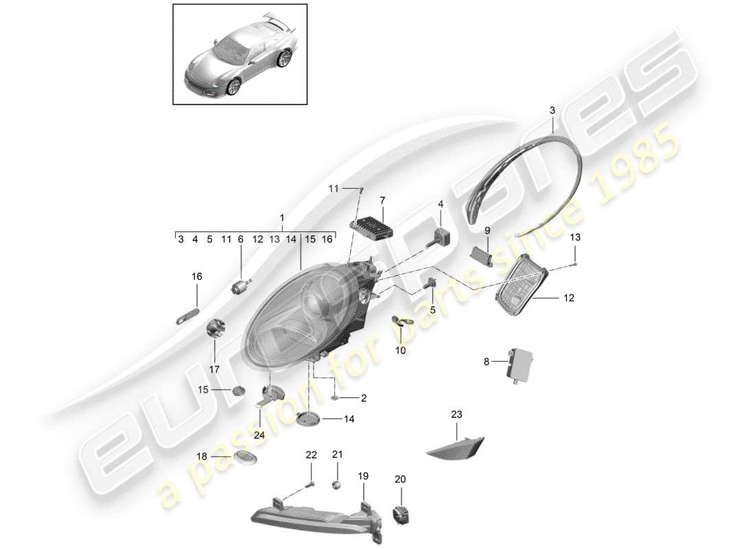porsche 2019 (991-2 r/gt3/rs) headlamp part diagram
