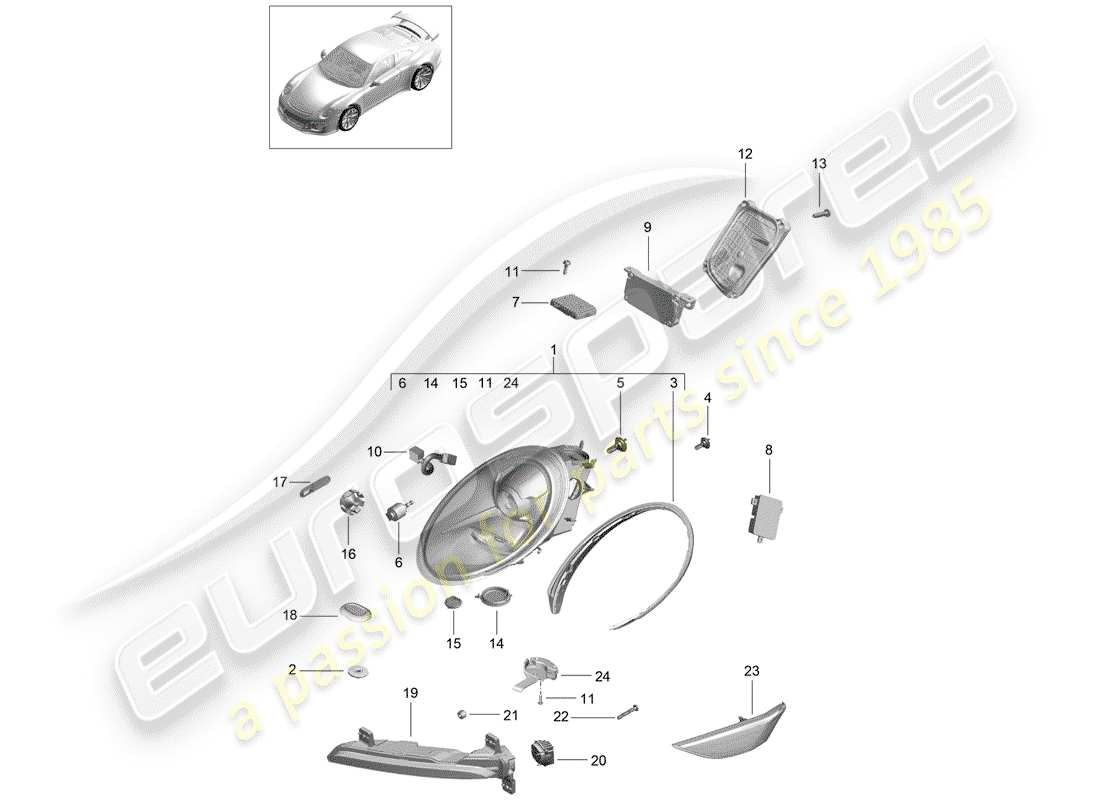 porsche 2020 (991-2 r/gt3/rs) headlamp part diagram