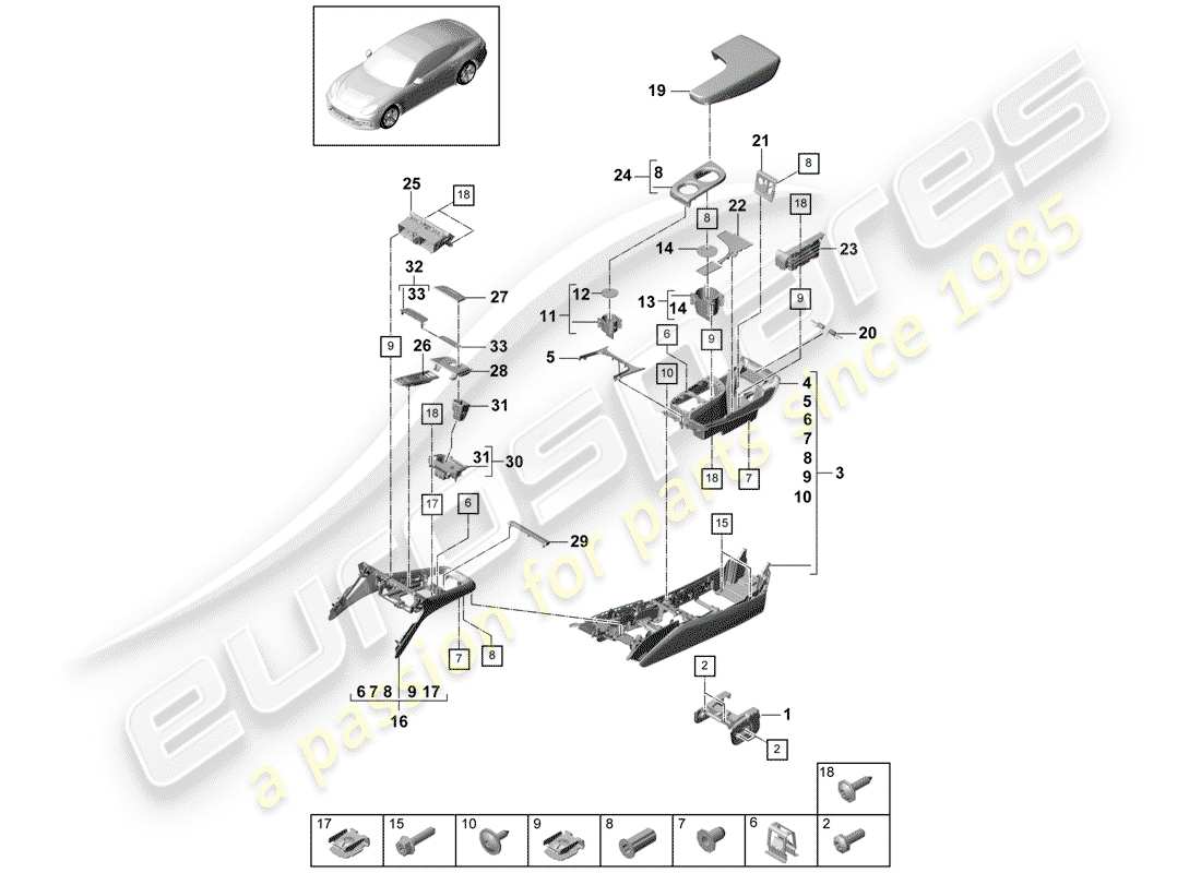 porsche 2020 (panamera 971-1) center console parts diagram