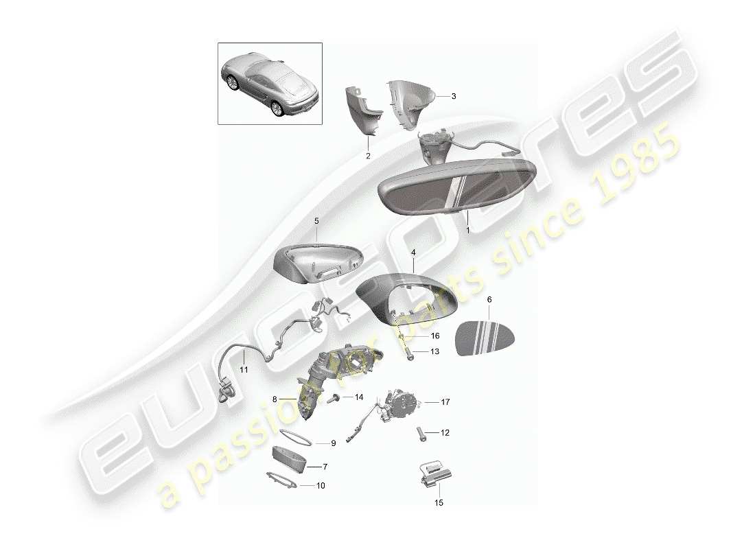 porsche 2015 (981 cayman) rear view mirror inner parts diagram