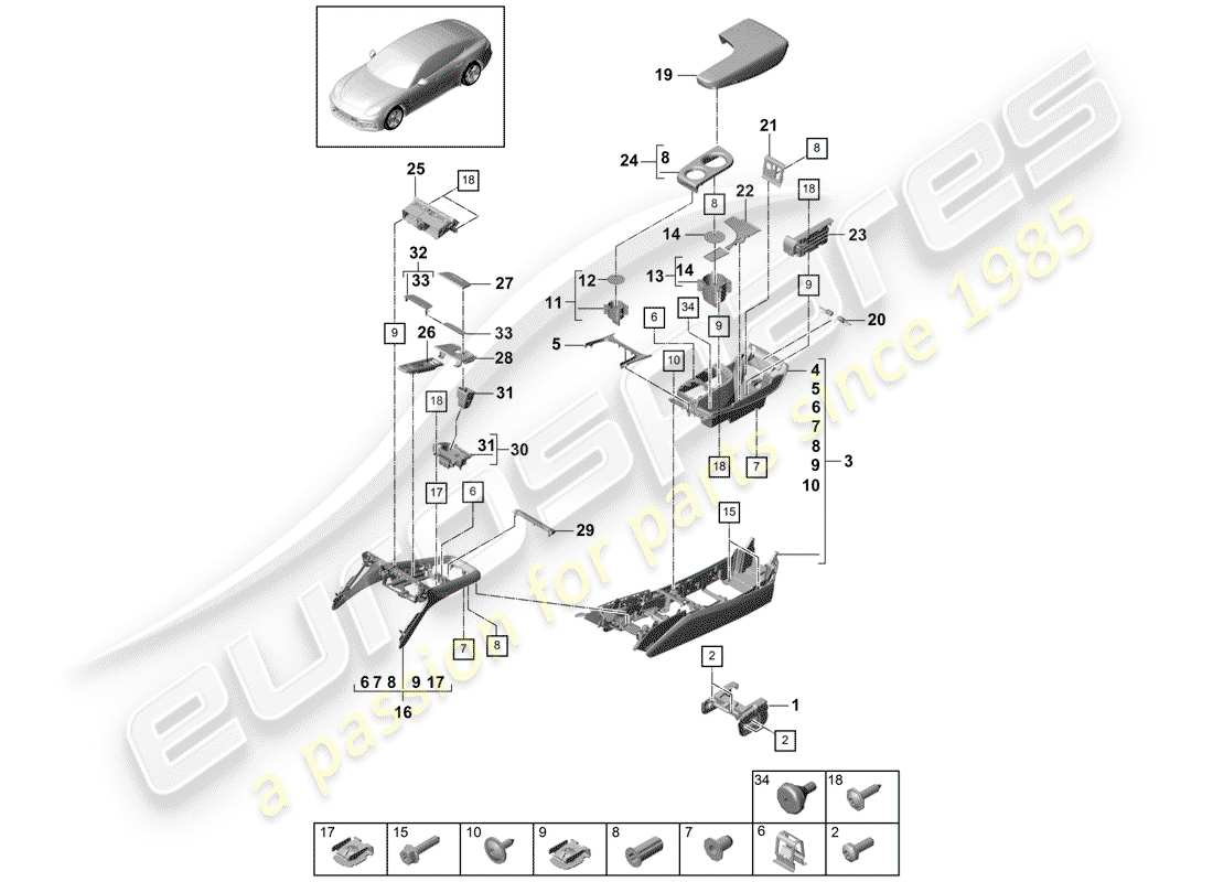 porsche 2018 (panamera 971-1) center console part diagram