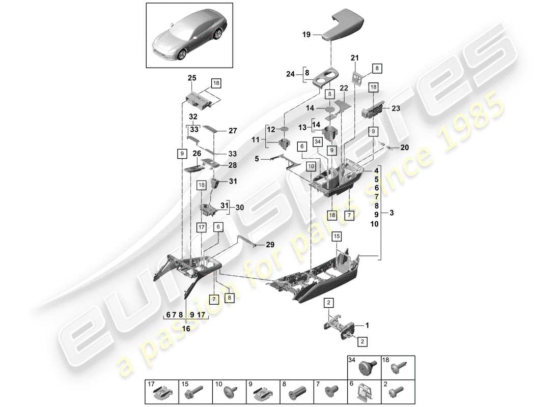 porsche panamera 971 (2018) center console part diagram
