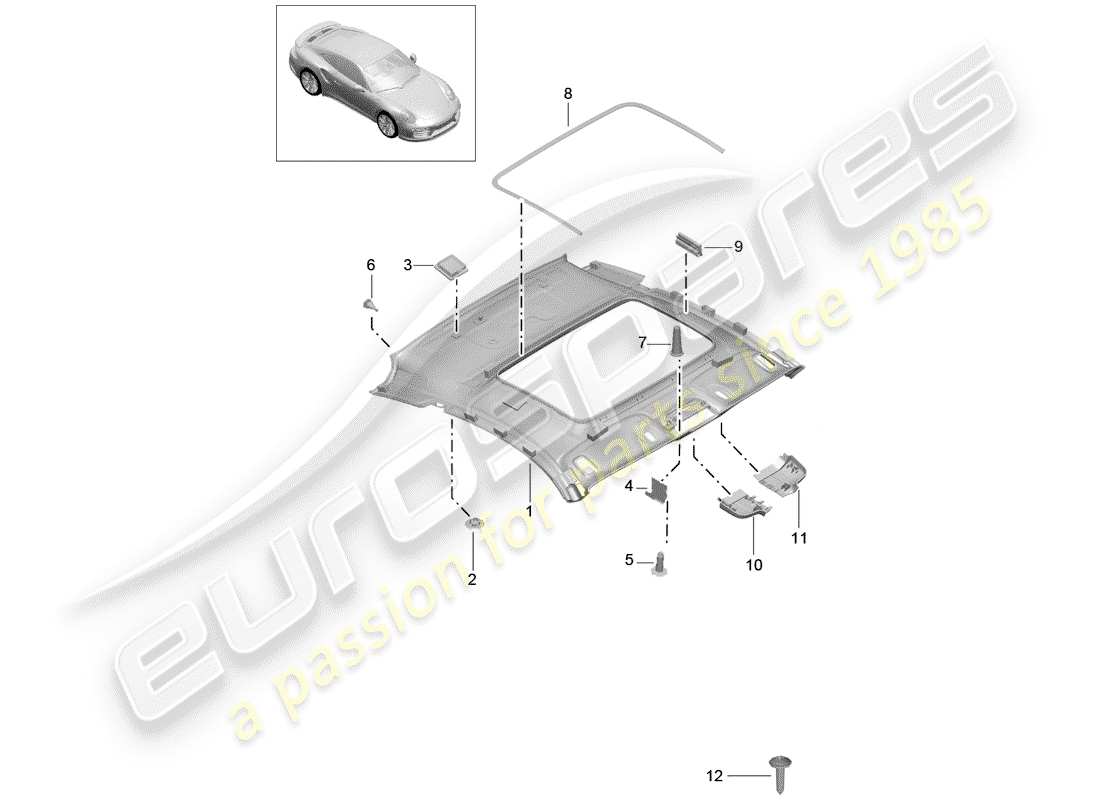 porsche 991 turbo (2014) roof trim panel part diagram