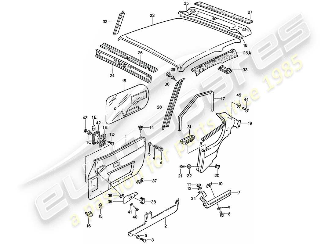 porsche 1988 (944) door panel - roof trim panel parts diagram