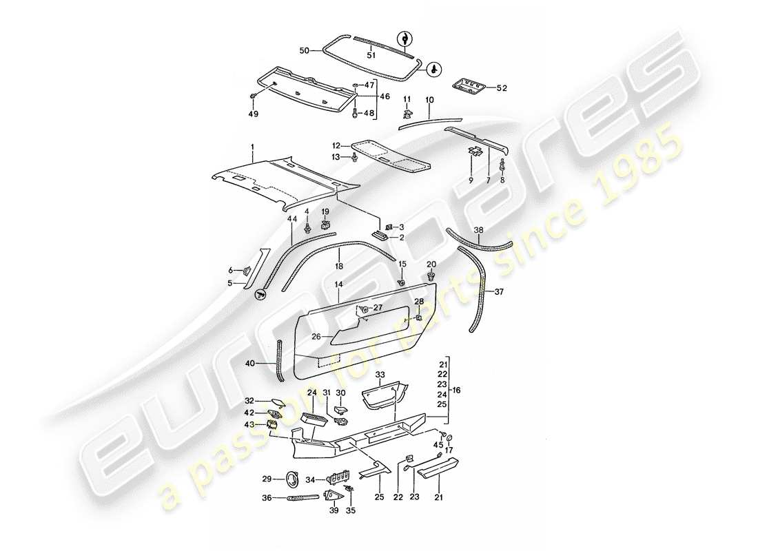 porsche 1987 (928) door panel - roof trim panel part diagram