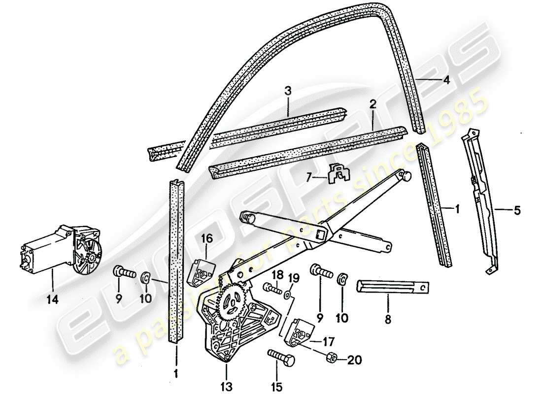 porsche 1989 (944) window regulator - glass channel parts diagram