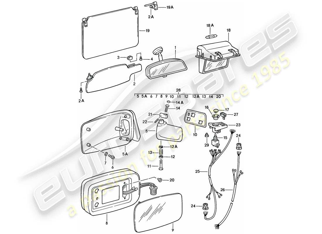 porsche 1983 (928) rear view mirror inner - sun vizor - rear view mirror part diagram