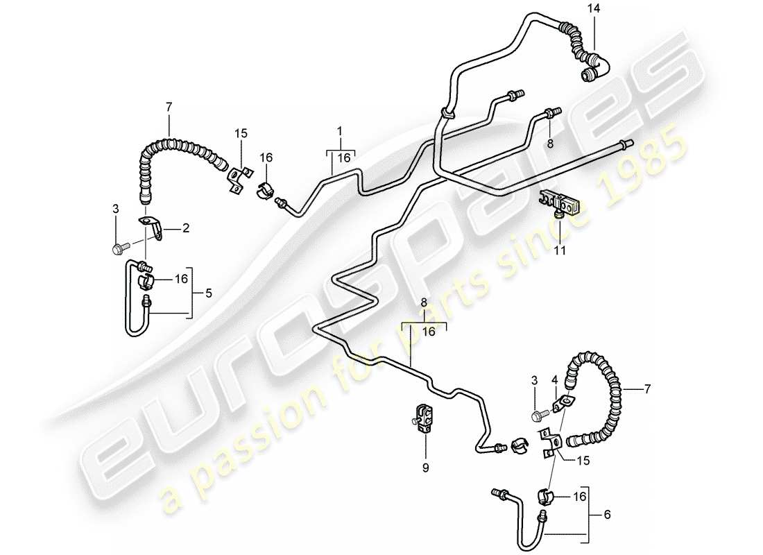 porsche 2008 (997-1 turbo / gt2) brake line parts diagram