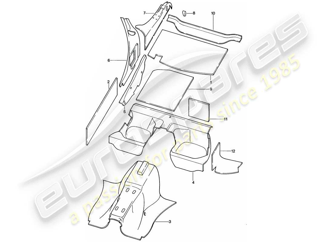 porsche 1985 (928) body shell - sound absorbers part diagram