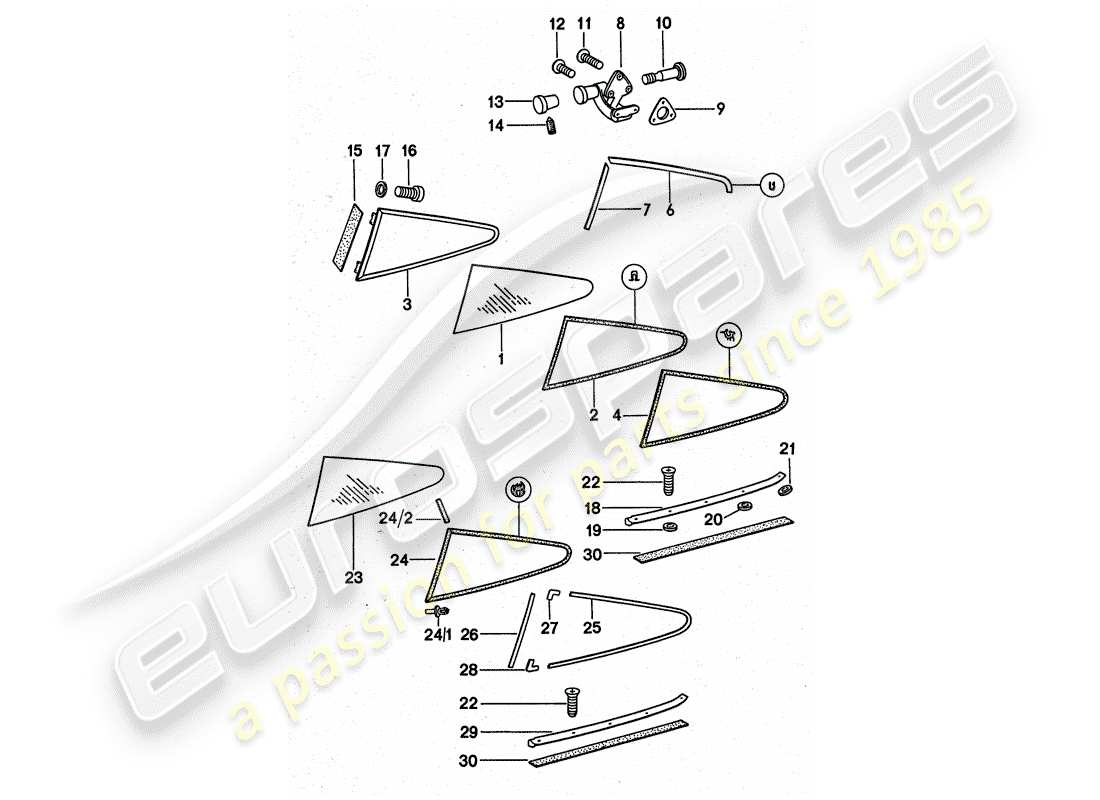 porsche 1977 (911 turbo) window glazing part diagram